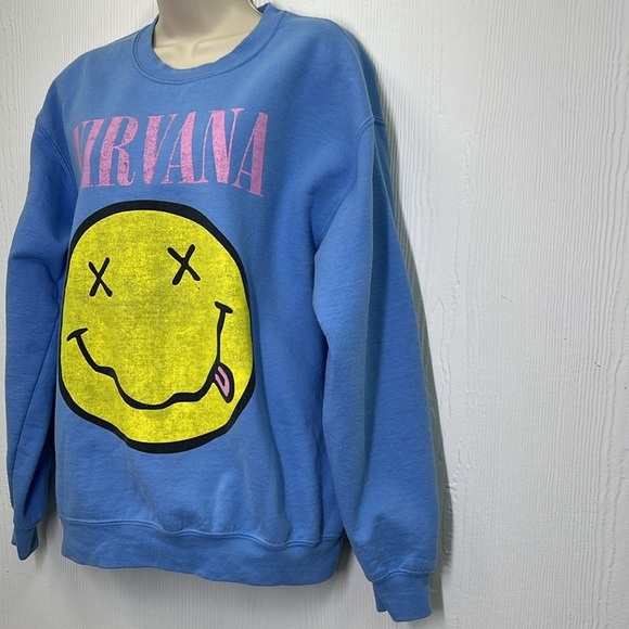 Gildan - Light Blue Nirvana Smiley Face Bright Graphic Crewneck Sweatshirt M - Picture 5 of 8